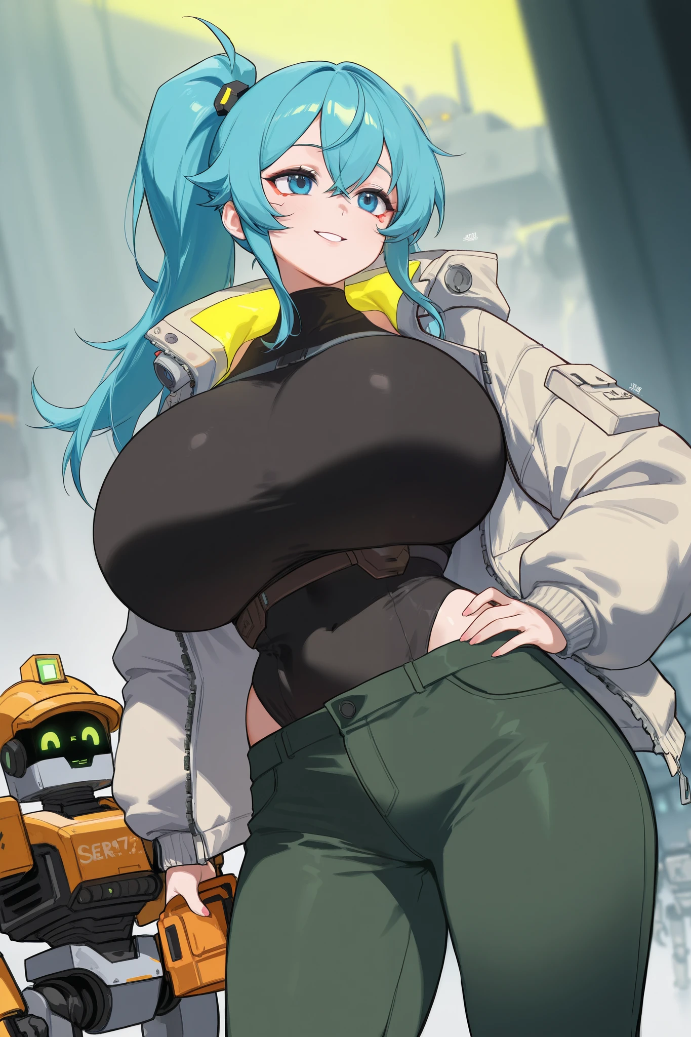 1 girl,  engineer draws,  big breasts,  big booty ,  Wearing a warm jacket, pants, be in the workshop, robots , cyberpunk environment . 