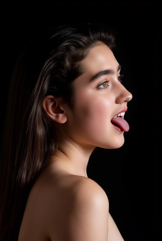 (very realistic photography),(masterpiece, best quality:1.3), 1girl, (alone), from the side, her beautiful profile,
((young Jennifer Connelly)),(at age 15),
she might be naked.,
with cute face with adorably plump cheeks, 
scooped nose arched high with a turned-up tip,
no make up,
she has fair skin.,
with precocious female body with precociously large blreasts and broad wide shoulders, 
Jennifer Connelly's unique and beautiful face is recreated.,
a bit wet shiny long dark hair fluttering,
She opens her mouth wide as sticking out her long tongue.,
a  is on her tongue.,
Intense light illuminating on her beautiful face.,
black background,