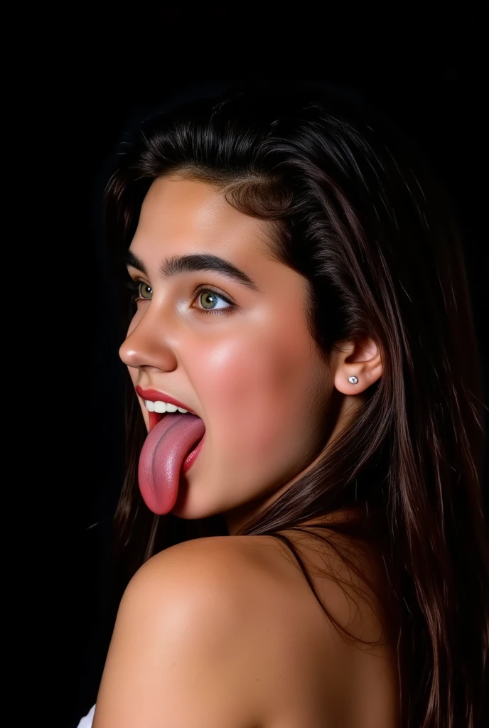 (very realistic photography),(masterpiece, best quality:1.3), 1girl, (alone), from the side, her beautiful profile,
((young Jennifer Connelly)),(at age 15),
she might be naked.,
with cute face with adorably plump cheeks, 
scooped nose arched high with a turned-up tip,
no make up,
she has fair skin.,
with precocious female body with precociously large blreasts and broad wide shoulders, 
Jennifer Connelly's unique and beautiful face is recreated.,
a bit wet shiny long dark hair fluttering,
She opens her mouth wide as sticking out her long tongue.,
a  is on her tongue.,
Intense light illuminating on her beautiful face.,
black background,