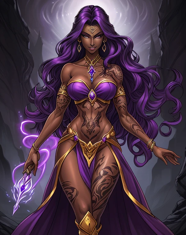 (best quality:1.3), (4K quality),masterpiece, best quality, high res, detailed, (Detailed face:1.2), (Detailed eyes:1.2), (Perfect figure:1.2), Fantasy style, Fantasy environment, solo, 1girl, 25 year old woman, sorceress, (Dark skin:1.5), purple hair, wavy hair, long hair, purple eyes, mascaras purple eyeshadow, smile, purple lipstick,(covered in tattoos:1.2), medium breasts, waist, slender legs, attractive body, slim figure, perfect shape, (Wearing: golden earrings, purple strapless crop-top, purple loincloth, bracelets, golden knee-high boots), looking at viewer, both hands glowing bright purple, purple magic, bright purple sparks in both hands, BREAK She's a sorceress that wields her magical powers with grace and precision, showcasing her exceptional abilities, She exudes an air of mystery and power, The artwork captures the essence of a strong and alluring character, (Strong and alluring character:1.3)
