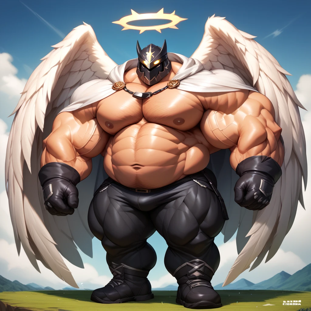 a man with a big giant musclegut tall wide body with big fat belly using white cloak, black glove, black pants, and masked which cover all of his face. Full body, standing still, solo, very big, very tall, very wide, very muscular, very fat, big belly, fat Chubby, large biceps, huge chest, huge legs, halo, angel wings, glowing eyes.