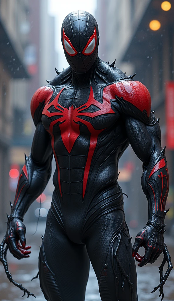 (Muscular:2.4), (thick thighs:1.2), (large round breasts:1), (large muscular chest and shoulders:1), FEMALE, blonde hair, long blonde hair, (big smile:1), (wearing tight sexy black Spider-Woman suit:1.6), looking at viewer, (three quarter view:1.3), upper body view, (dark gothic city at night:1.5), (dark lighting:2), detailed skin, detailed eyes, (clean skin:1.5), (very thin waist:1.6), (huge body muscles:1.8), (one protagonist:1.5),