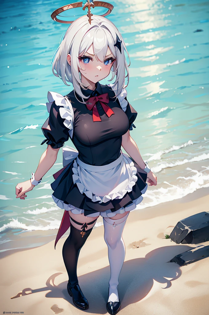 a solo boy,sexy boy ,trap ,paimon gi, single thighhigh, thighhighs, halo, , hair between eyes ,white hair,medium breast,wearing a japan maid dress ,bike shorts, shorts under dress, with black stockting, blue eye,eye makeup, red face,emblassing,shy ,sexypose , in a beach, full body.