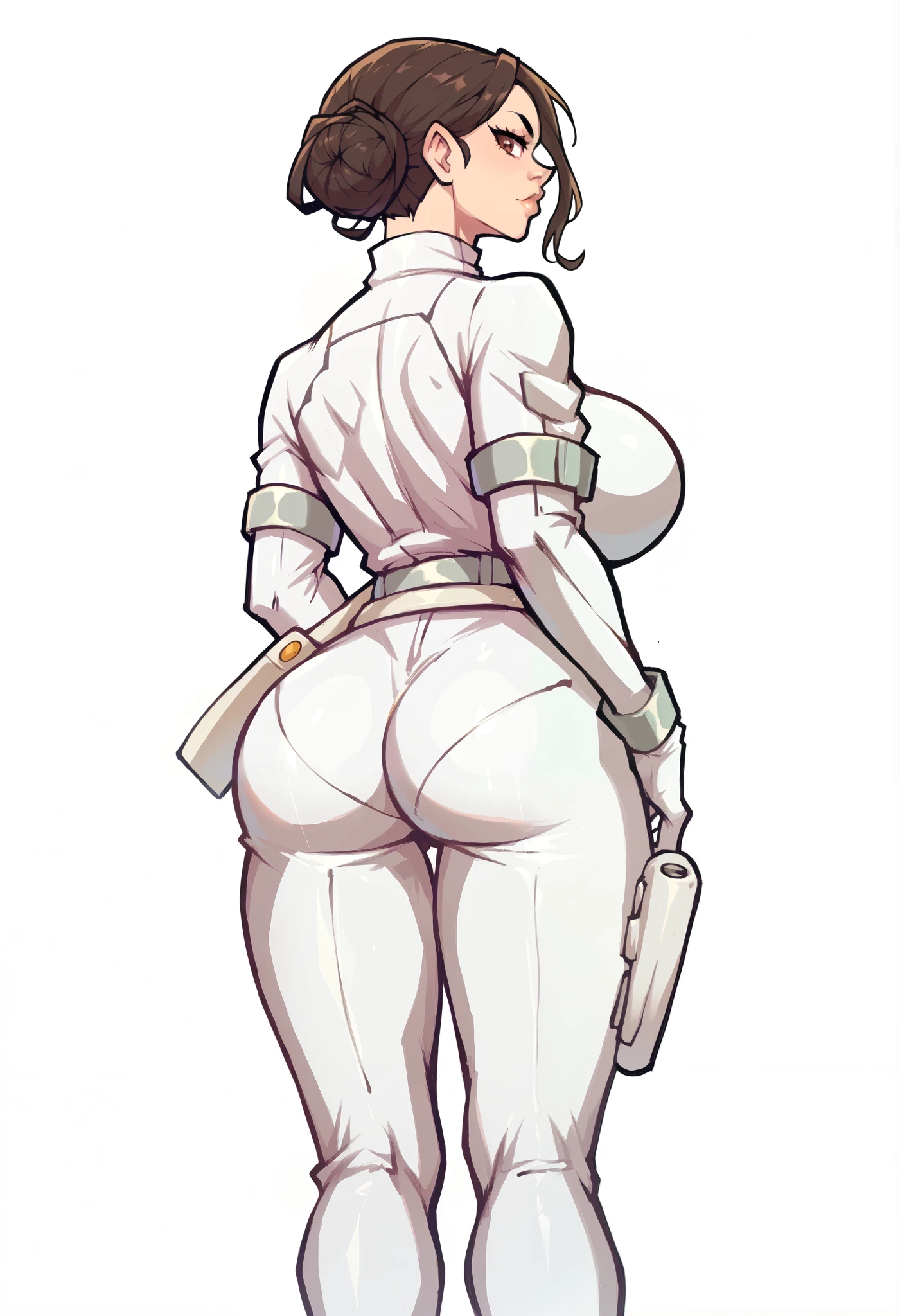 zPDXL2, source_ Japanese Cartoon ,
  white background , 
 cowboy shooting,
 fontezxl  , thigh, 
padmexl  , 1 Girl,  unique ,  View audience , Big breasts, 
White pants,White jumpsuit, belt, Holster, Rift,Hair Bun,  worn clothes , Central, Umbilical cord, butt, White gloves,
 