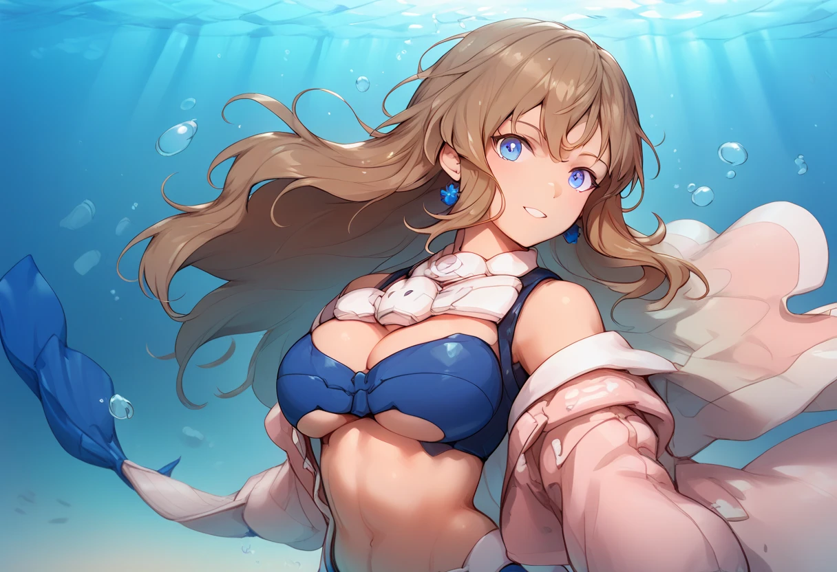 high quality , best masterpiece , anime girl ,brown hair , blue eyes , light blue bikini , underwater background