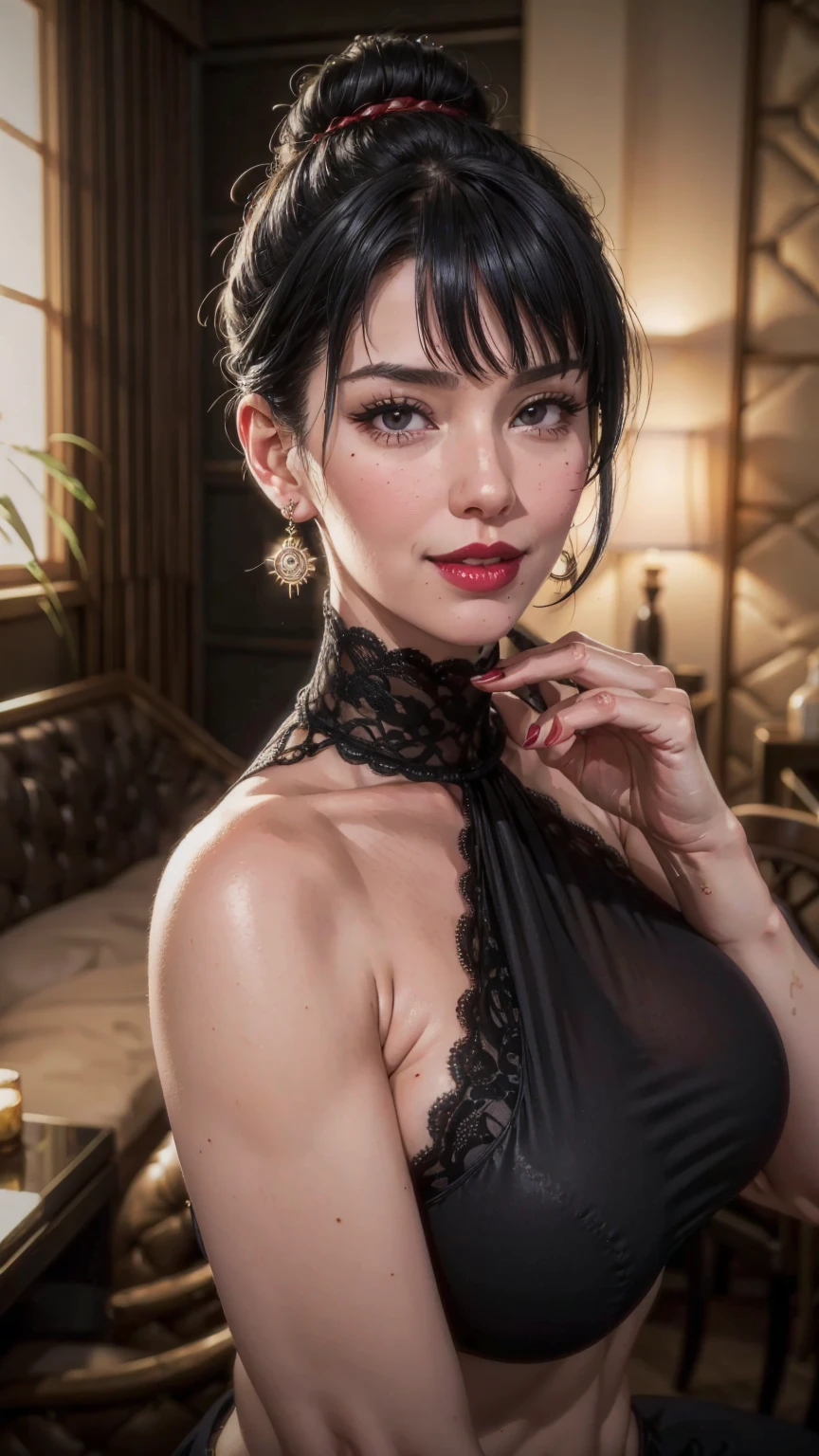 best quality, masterpiece, mother, black hair, single hair bun,  black eyes, earrings, jewelry, makeup, mole under mouth, mature female,  enormous breasts, looking at viewer, naked lady, both hands lift her naked breast, indoors, sexy smile, Red lipstick. 