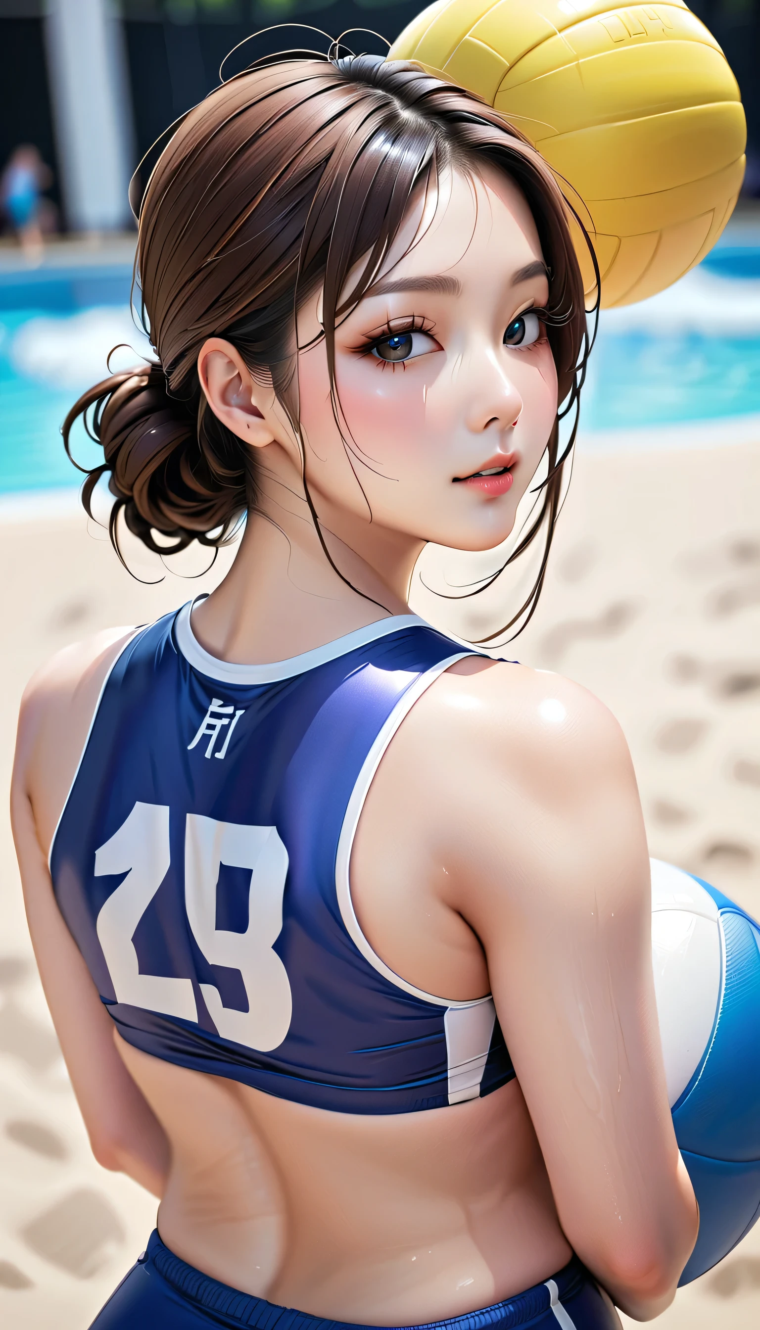 (masterpiece、 top quality、 super high resolution )、Beautiful 25 year old Japanese woman、 low ponytail、 natural smile 、 shiny lips、 long eyelashes、 Perfect Anatomy、 sleeveless volleyball uniform、I'm a little sweaty 、 Looking Back。