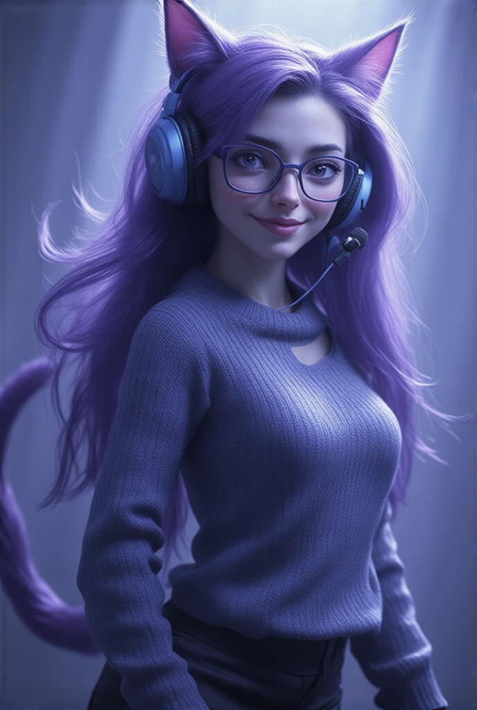  masterpiece fails,  top quality ,  1girl,girl wearing headphones,  microphone speaker ,  masterpiece fails,  Best quality ,  amazing quality,  very aesthetically pleasing , absurd, newest , #character #anime #Oppein #anime Красотка
 (( blue headphones looking at the viewer)),  purple hair ,   purple eyes  ,  long hair ,  ahoge, sweater, sweater skirt,  tights, 163cm,  hair between eyes ,  big breasts, adult, 33 years old, mature, glasses, One, sole,  ulybka,  cat ears,  cat tail, fang, catgirl, animal ears