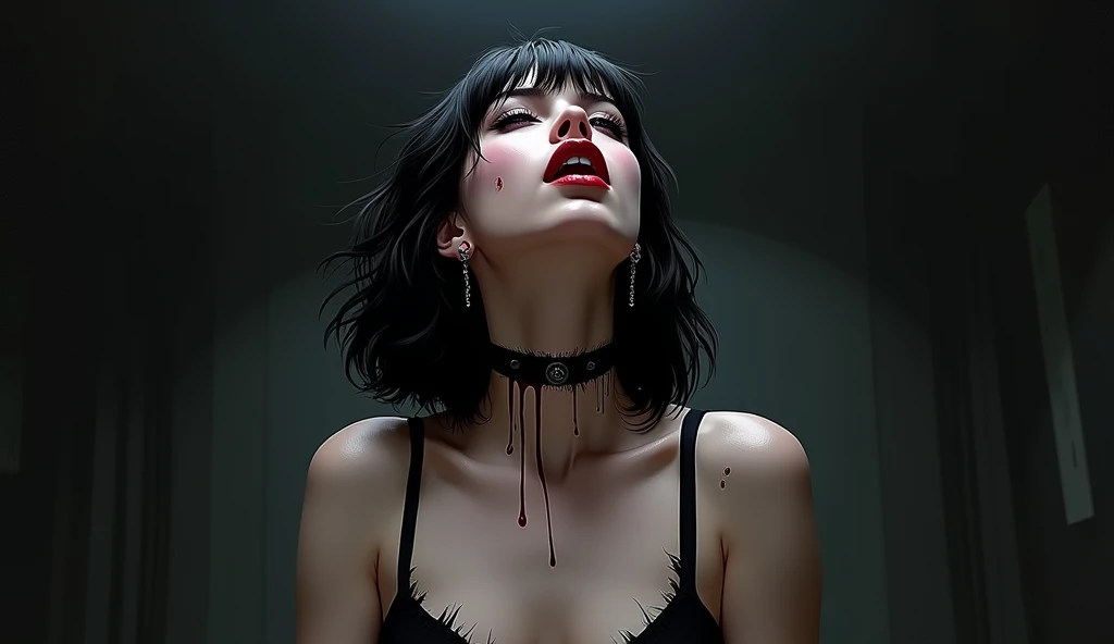 1woman,mature woman,blowjob,woman,black hair,woman focus,look up,sweaty,bukkake on breast,at nightclub,cum,detailed skin,happy,short hair,looking up,teary eyes,excessive cum on tongue,cum in mouth,bangs up,