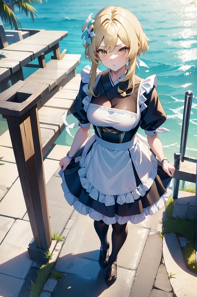 (masterpiece), best quality, expressive eyes, perfect face, girl sitting in the pool, blonde hair, green eyes, full body shot, bun hairstyle, modern anime maid dress, black and white dress, sad facial features, 8k, high resolution, high quality, beautiful body