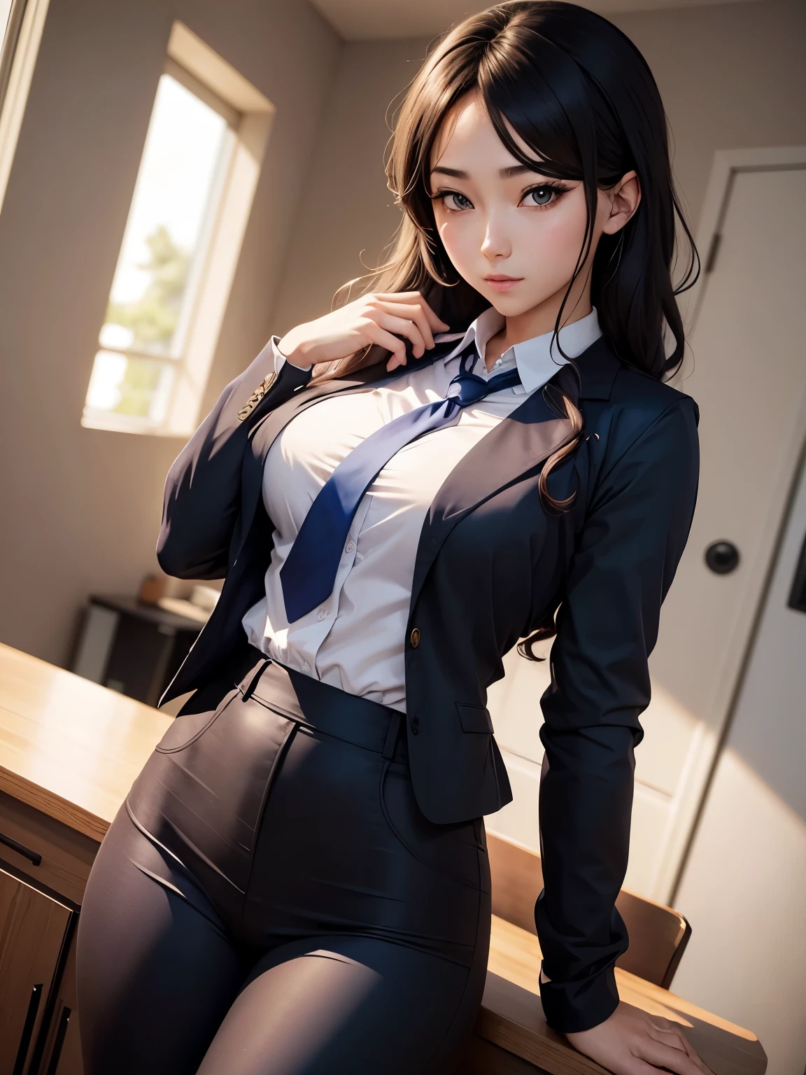Super short skinny skirt with hips,Royal sister,lace pantyhose,big breasts,Sexy,temperament,bow tie,High heel,business attire,office,long hair