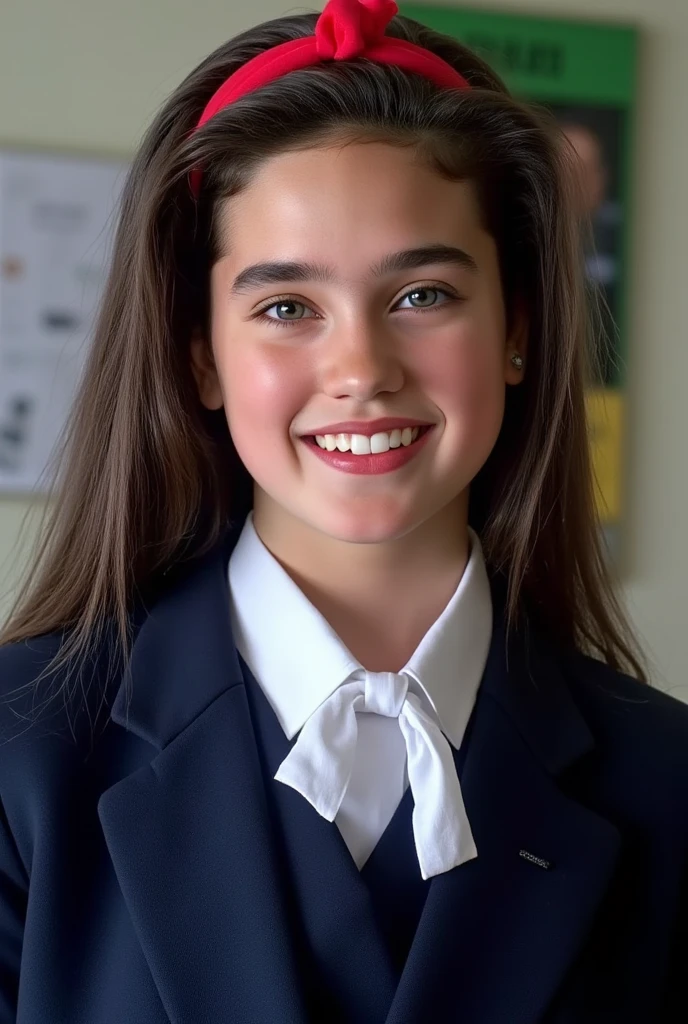 (very realistic photography),(masterpiece, best quality:1.3), 1girl, (alone), front view,
((young Jennifer Connelly)),(at age 15),
she wear in tidy dark blue high school blazer uniform and immaculate blouse with pure white ribbon tie.,
with pretty face,
(She has a vivid red headband in her hair.),
scooped nose arched high with a turned-up tip,
no make up,
moist eyes,
flawless fresh succulent fine smooth fair skin,
with precocious female body with precociously large blreasts and broad wide shoulders, 
Jennifer Connelly's unique and beautiful face is recreated.,
a bit wet shiny long dark hair fluttering,
smiling lovingly to someone,
She is happily folding laundries in the living room.,
bright natural light illuminating on her beautiful face.,