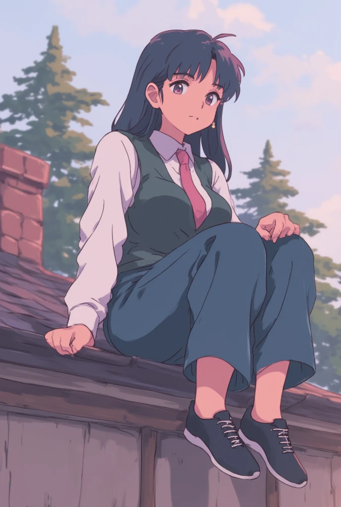 1 girl,  long straight hair,  Black hair, A pink-fronted fringe , pink pupils, rounded face,  white formal shirt ,  dark green formal vest ,  dark blue loose pants,  black sneakers,  sitting on the roof of a cabin.