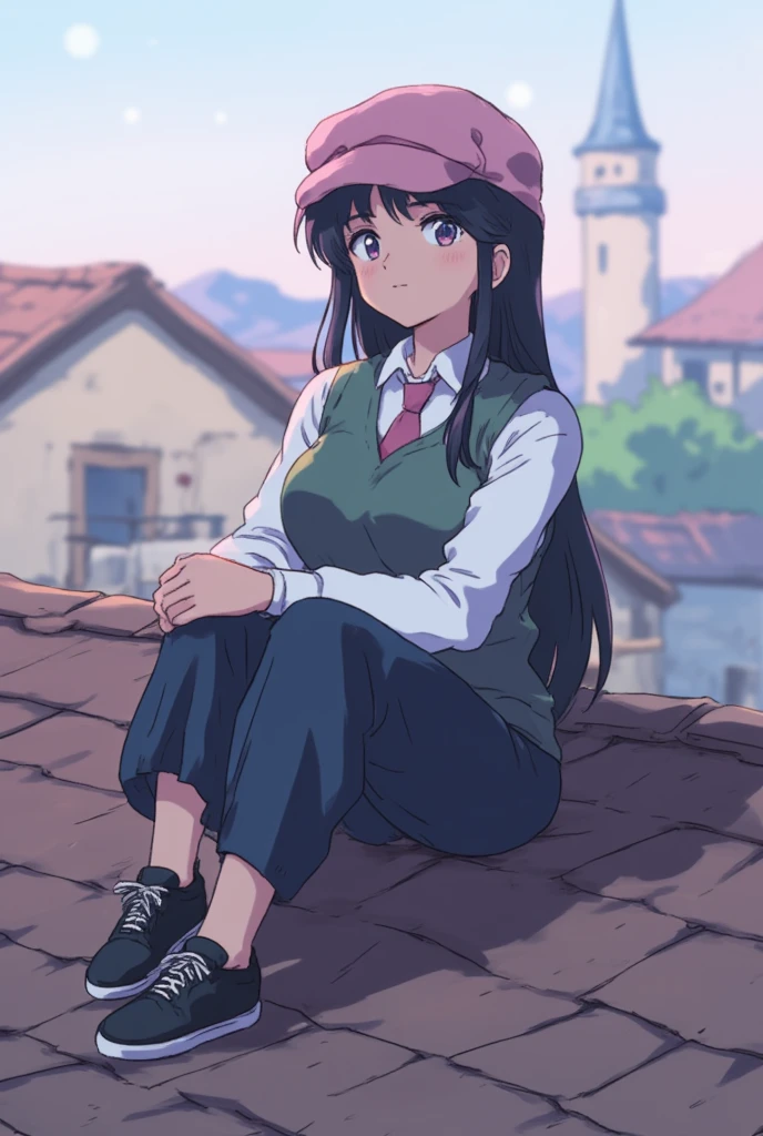 1 girl,  long straight hair,  Black hair, A pink-fronted fringe , pink pupils, rounded face,  white formal shirt ,  dark green formal vest ,  dark blue loose pants,  black sneakers,  sitting on the roof of a cabin.