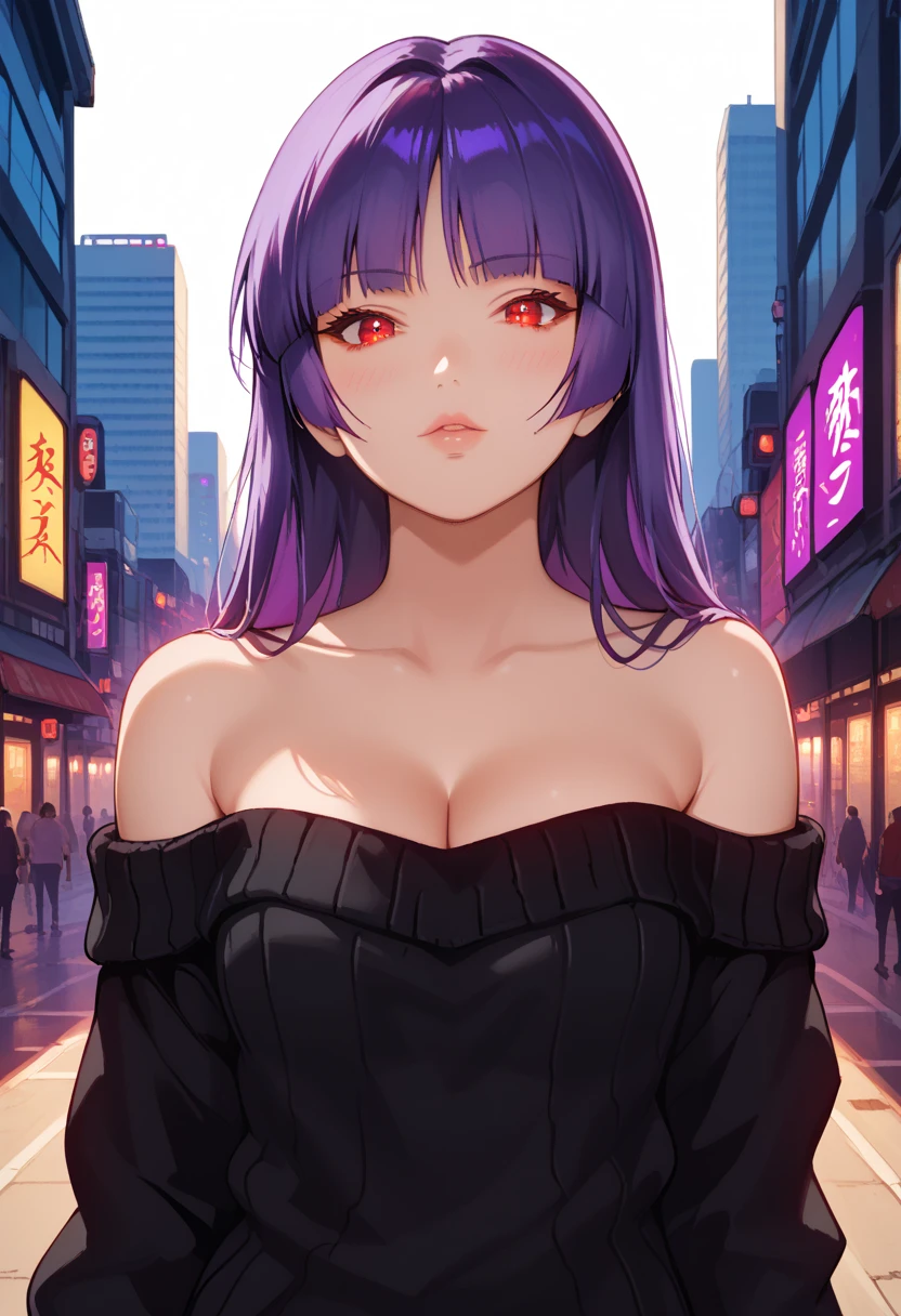 Score_9, score_8_up, score_7_up, score_6_up, source_anime, rating:general, 1girl, upper body, sabrina pokemon, purple hair, long hair, hime cut, stunning red eyes, pale skin, blush, perfect lips, sultry look, looking at viewer, black oversized sweater, casual, medium sized breasts, exposed shoulders, cleavage, neon city background, solo, 8k quality, vivid colors, perfect shadowing, perfect lighting, cowboy shot, looking at viewer, psychic powers, psychic aura, slightly leaning forwards, breast focus, SmokeyAura  