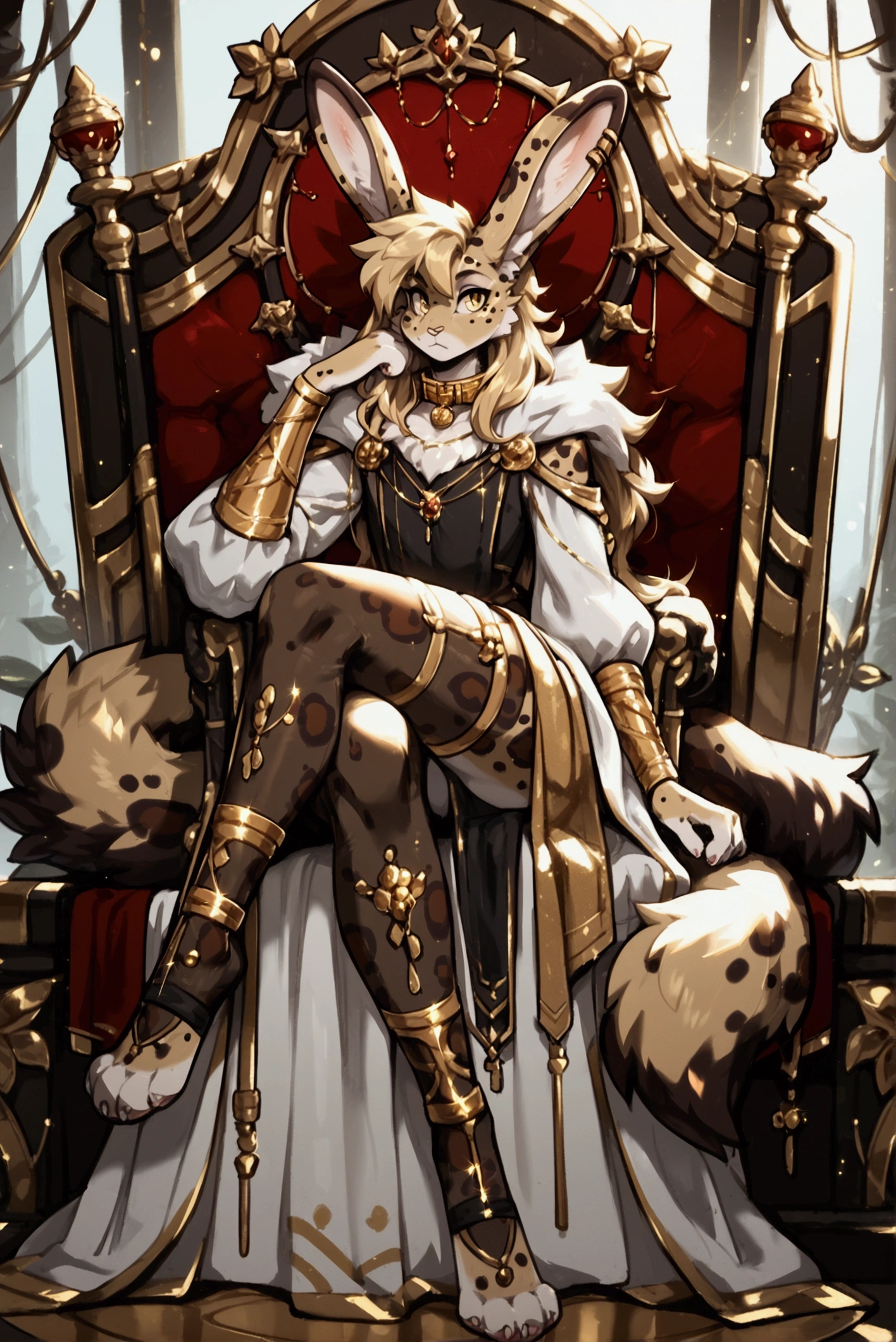 bored expression, femboy, furry, anthro, fluffy fur, bunny male, wild blondd hair, gold and white fur with spots, gold eyes, solo, detailed, lithe body, imperious, thicc thighs, wide hips, (25 years), fantasy, ((fully clothed)), king, gold collar, gold jewelry, ((paw focus)), sitting on large throne that makes character look small, dramatic lighting, ((full body shot)), (pupila amarilla), ((eye detail)), score_9, score_8_up, score_7_up, score_6_up, score_5_up, score_4_up