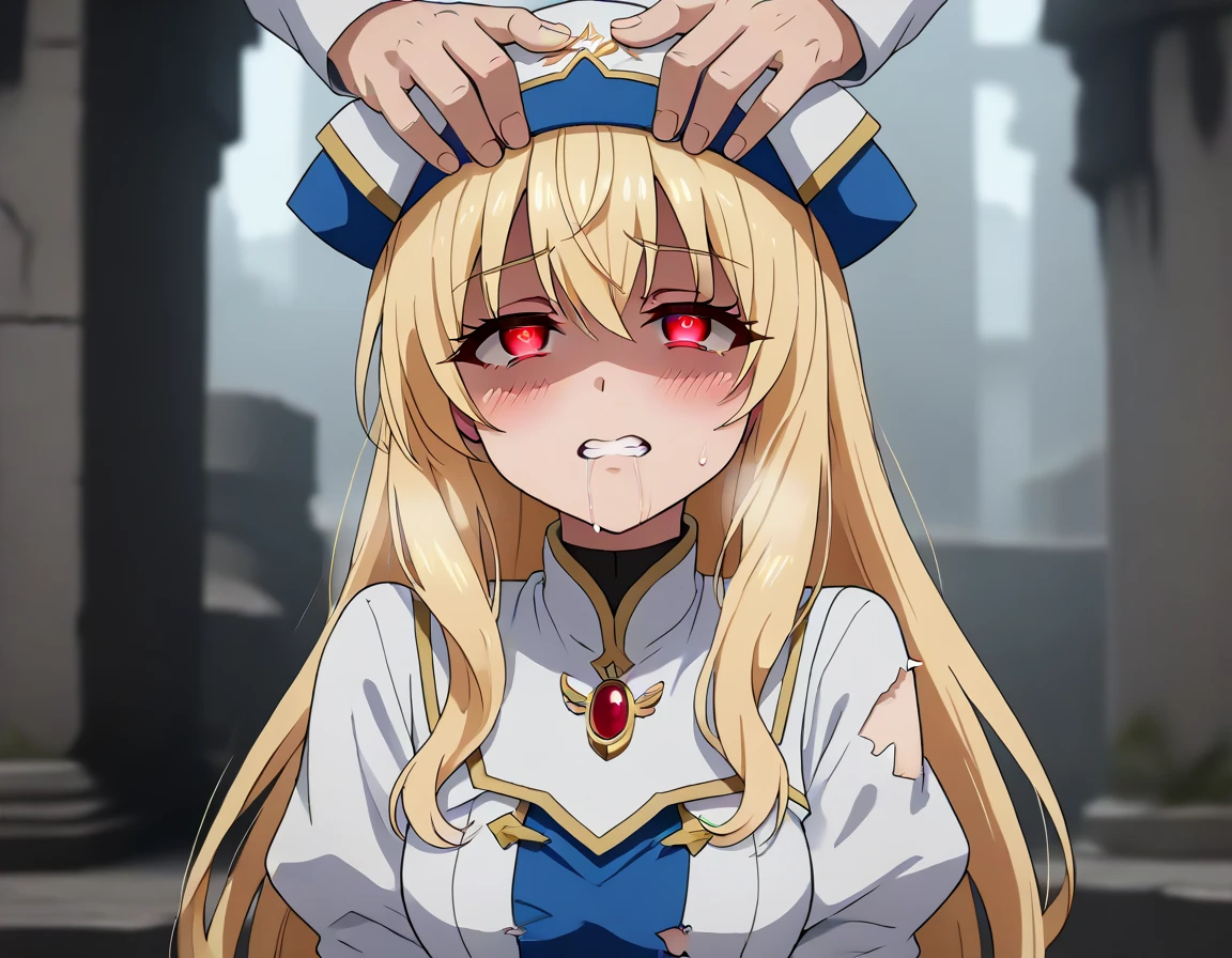 score_9, score_8_up, score_7_up, source_anime, official art, anime screencap, explicit, nsfw, (1girl:1.8), (red eyes:1.7), (alone:1.8), big eyes, priestess-default,　priestess \(goblin slayer!\),long hair, blonde hair,white headwear,white dress,frilled sleeves, blue pelvic curtain,(black shorts:0.9),thighhighs,white boots, big breast, curvy,(orgasm face:1.6),(rolling eyes:1.4), (shaded face:1.4),(clenched teeth:1.4), (glowing eyes:1.8), (blush:1.6), (sweat:1.4),(saliva:1.4),(breathing:1.4), (with both hands on her head:1.6),(lean forward:1.2),(side view:0.8),sit down, (torn clothes:1.6), head tilt, (Ruins:1.2),(High color saturation:1.4),very aesthetic, absurdres, out of frame, masterpiece, high quality, high details