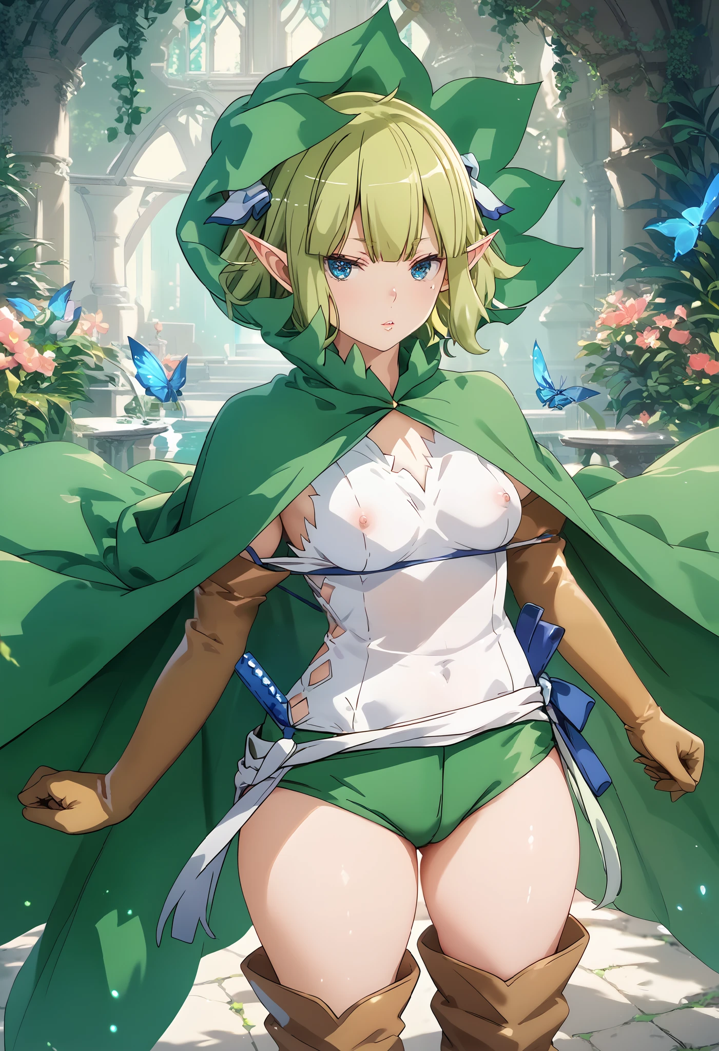 anime，Danmachi，(((Liu Liong)))，Elf， green hair，Green Cape， green hood， green shorts， blue eyes， slender ， thigh boots， white shirt， pointed ears， elbow gloves ，masterpiece,  top quality,  Rating Explicit,  1 girl,   heterosexual lover， high definition ， very aesthetic， glossy skin， style，Beautiful eyes，8K resolution， pretty girl， standing with different breasts ，