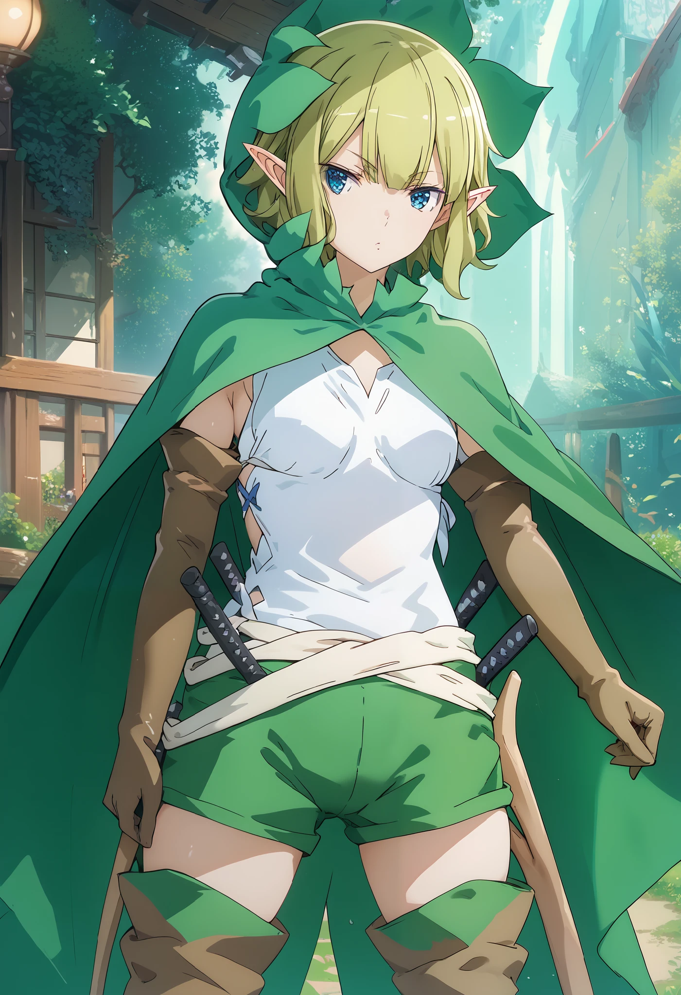 anime，Danmachi，(((Liu Liong)))，masterpiece,  top quality,  Rating Explicit,  1 girl,   heterosexual lover， high definition ， very aesthetic， glossy skin， style，Beautiful eyes，8K resolution， pretty girl， standing with different breasts ，Elf， green hair，Green Cape， green hood，緑のBloomers， leather belt ， blue eyes， slender ， thigh boots，Plain Shirt， pointed ears， elbow gloves ，animeのスクリーンキャプチャ,
 1 girl, Alone,   closed mouse, Serious,
 short hair, Blonde,  green hair,  blue eyes,  pointed ears,
Ryu Cape ,  Hooded Cloak, green cloak ,  white shirt,  elbow gloves ,  brown gloves, Bloomers,  green shorts ,Wooden sword, standing with different breasts , looking at viewer,