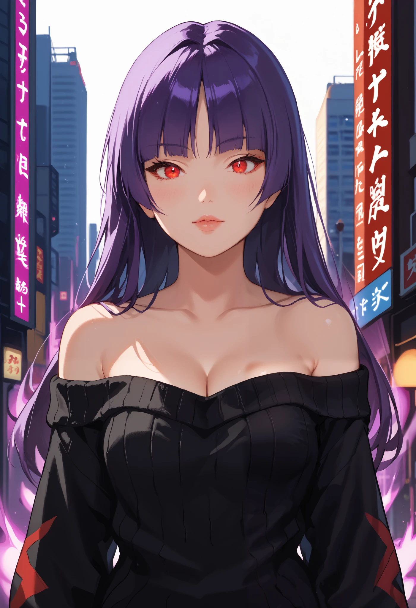 Score_9, score_8_up, score_7_up, score_6_up, source_anime, rating:general, 1girl, upper body, sabrina pokemon, purple hair, long hair, hime cut, stunning red eyes, pale skin, blush, perfect lips, sultry look, looking at viewer, black oversized sweater, casual, medium sized breasts, exposed shoulders, cleavage, neon city background, solo, 8k quality, vivid colors, perfect shadowing, perfect lighting, cowboy shot, looking at viewer, psychic powers, psychic aura, slightly leaning forwards, breast focus, SmokeyAura  