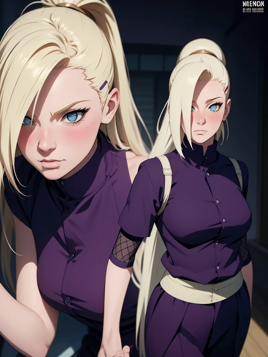 {-erro_de_anatomia:1.0} estilo anime, Masterpiece, absurdities, Yamanaka Ino\(Naruto\), 1girl Solo, woman, Perfect composition, Detailed lips, Beautiful face, body proportion, Blush, Long blonde hair, blue eyes, purple blouse, purple pant, Soft gauze, Super realistic, Detailed, photo shoot, Realistic faces and bodies, masterpiece, best quality, best illustration, hyper detailed, 1 woman, solo, glamorous, blushing, upper body, fighting, on nature, look at the view, dimanic poses,bound, bondage, (arms behind back:1.4), bdsm, tape gag, tape, tape bondage, restrained, best anatomy, tape wrapped