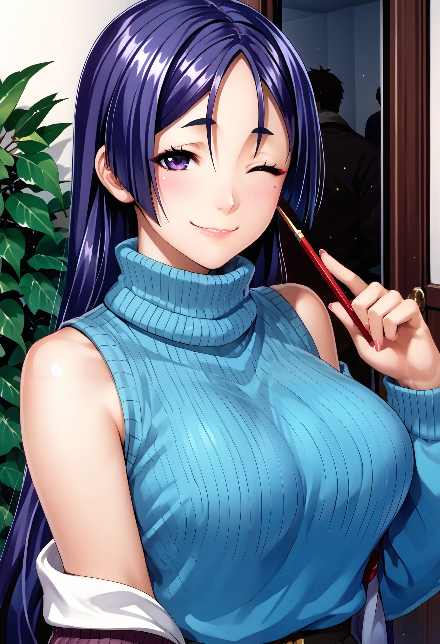 score_9, score_8_up, score_7_up, source_anime, 1girl, minamoto_no_raikou_\(fate\),looking at viewer, sweater,turtleneck,sleeveless, smile, winking