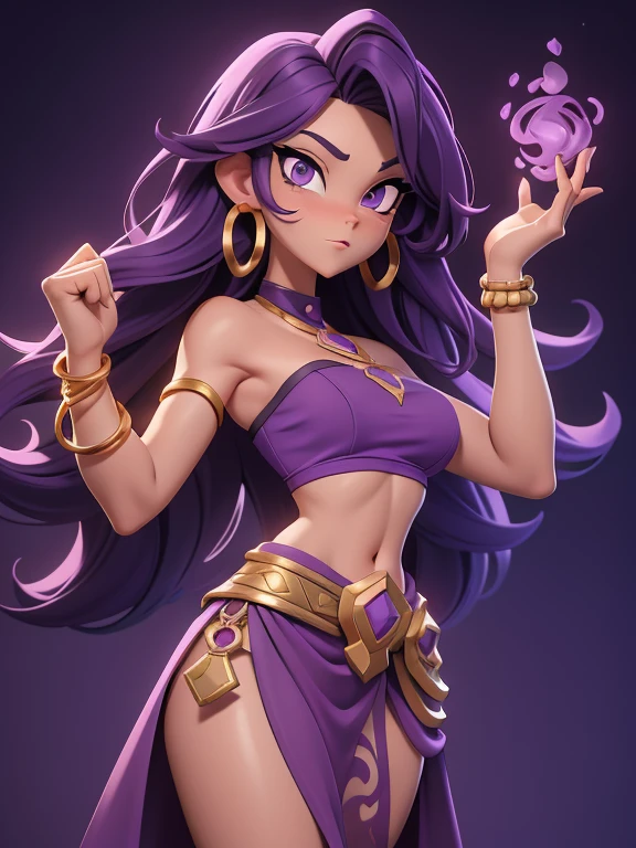 score_9, source_cartoon, best quality, high resolution, unity 8k wallpaper, 1girl, 28 year old woman, sorceress, dark skin, purple hair, wavy hair, long hair, purple eyes, mascaras purple eyeshadow, purple lipstick, covered in tattoos, medium breasts, waist, slender legs, attractive body, slim figure, perfect shape, (Wearing: golden earrings, purple strapless crop-top, golden metallic waistband, purple loincloth, bracelets), looking at viewer, both hands glowing bright purple, purple magic, bright purple sparks in both hands,
