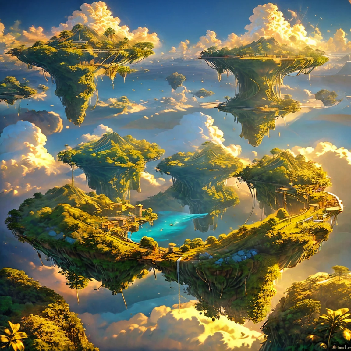 8K quality,(masterpiece:1.3), top quality, detailed images,unmanned,No bio,( no buildings ,No artificial objects,Natural objects only ,Only nature),Above the Clouds( Floating Small Island , small islands float , small islands rise ,Small islands fly in the sky , lots of islets floating, waterfall flowing from the small island ,There is a lake on a small island , there are multiple islets,There are hills and cliffs ),( only islets, water, clouds, and space ),(The sun is God 々Shining brightly, the stars are shining ,Sunset gradation,Dark gradation,Golden Gradation ).