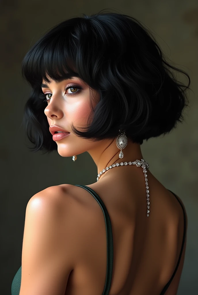 A woman with short straight hair, brown eyes and a black dress