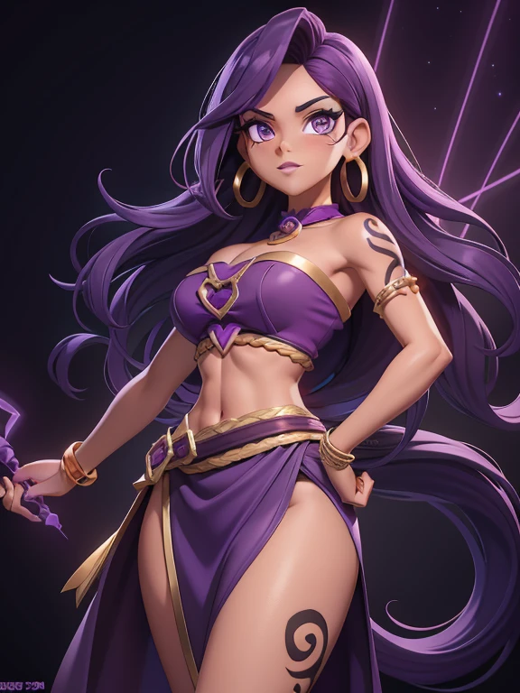(best quality:1.3), (4K quality), (Detailed face:1.2), (Detailed eyes:1.2), solo, 1girl, 25 year old woman, sorceress, dark skin, purple hair, wavy hair, long hair, purple eyes, mascaras, purple eyeshadow, smile, purple lipstick, tattoos, medium breasts, waist, slender legs, attractive body, slim figure, perfect shape, (Wearing: purple strapless dress, pelvic curtain, bracelets, long thick boots), looking at viewer, holding a magical stuff