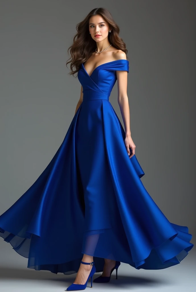 European woman model with hairstyle wearing luxurious blue long beaded dress. Show the whole dress.