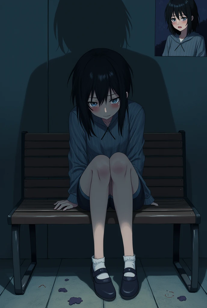 "Create an front view anime-style image featuring a young 24 year old girl sitting alone on a cold, sterile hospital corridor floor, her body showing signs of distress and sadness and also get raped by someone. She is slumped against the wall, with her knees drawn to her chest, and her face partly obscured by long, disheveled hair. There are faint traces of blood on her face and hands, symbolizing the trauma she has endured. The hospital corridor is dimly lit with cold, bluish tones, adding to the eerie and sorrowful atmosphere. Shadows stretch across the floor, creeping toward her, emphasizing the overwhelming sense of isolation and despair. Despite the subtle hints of violence, the focus remains on her deep emotional pain, captured in her empty, sorrowful eyes and the haunting stillness of the scene."