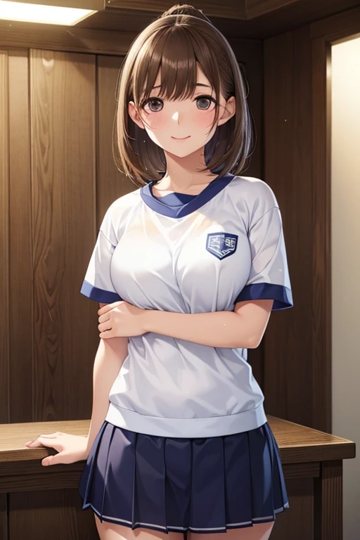 perfect anatomy, precise illustration, extremely detailed CG, ((masterpiece, best quality, extremely detailed, absurdres)), Background Blur, Stained glass, pipe organ, 1girl, ((Blunt bangs)), gym uniform, (buruma:1.7), brown hair, brown eyes, low ponytail, hairband, ((She wears a silver-star-hairpin on her right bang)), cowboy shot, walking, at church, evil smile, (solo), masutepiece, ultra-detailliert, best quality, (from side:1.4),