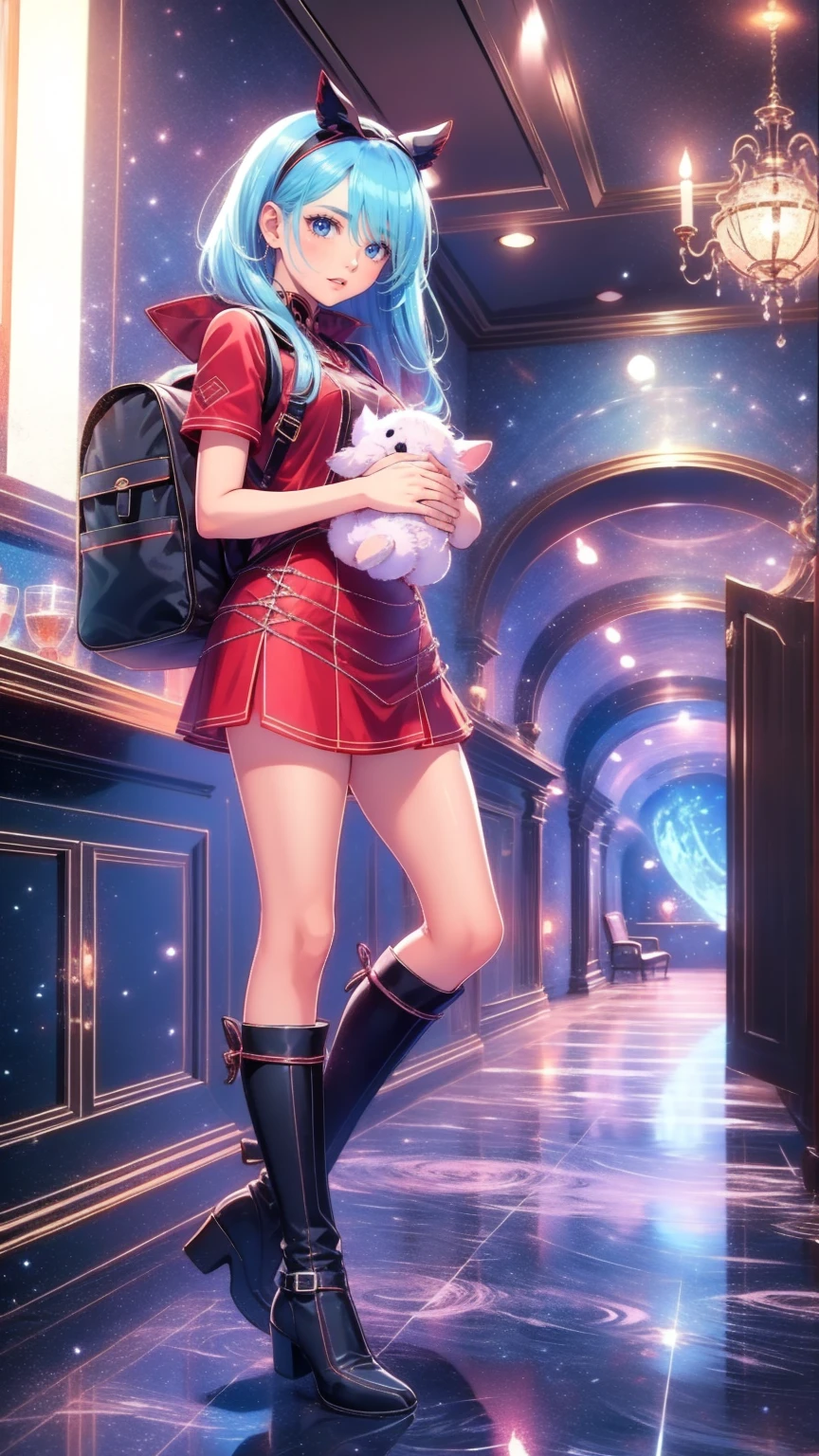  anime style、story、、 beautiful girl、とてもcute天使、 red backpack 、cute、baby face、smile、 Long Skirt、Black long boots、Very cute headband、Very cute dress
