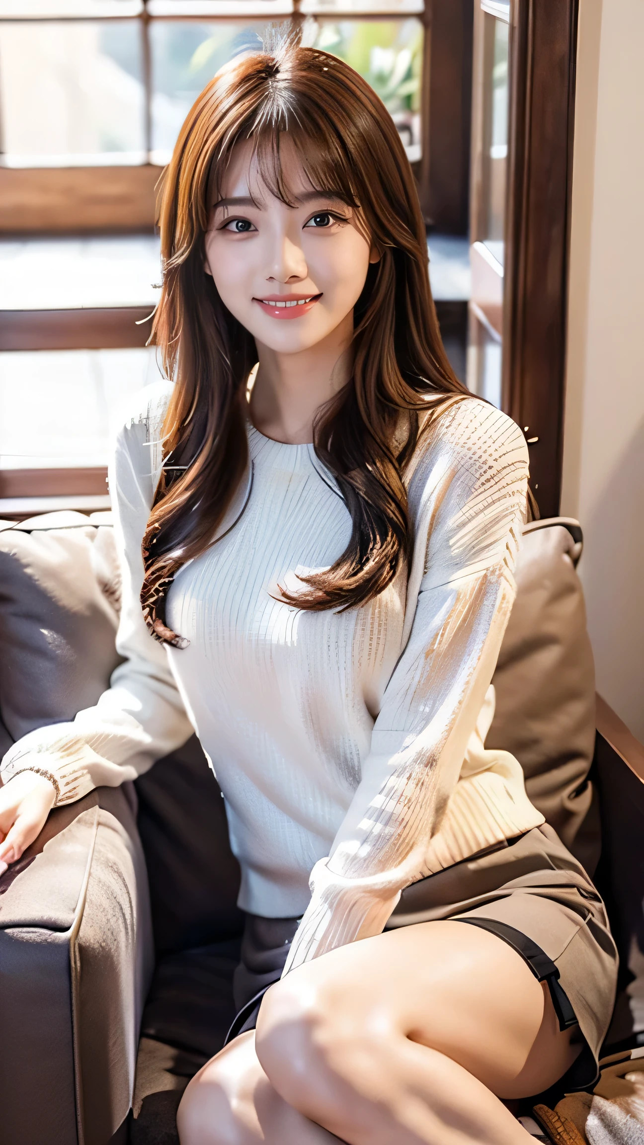 A beautiful 、Elegant female 、 smiles,Talk to the camera, sits in the cozy living room, high quality,4K