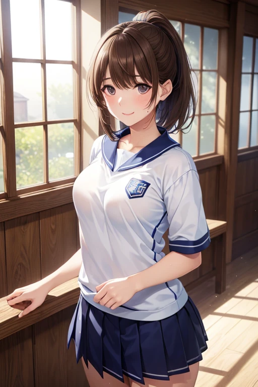 A girl hoping to win、support、Navy blue Avispa Fukuoka soccer uniform、Football Stadium、Sitting in the stands、Cheers、shout、joy、