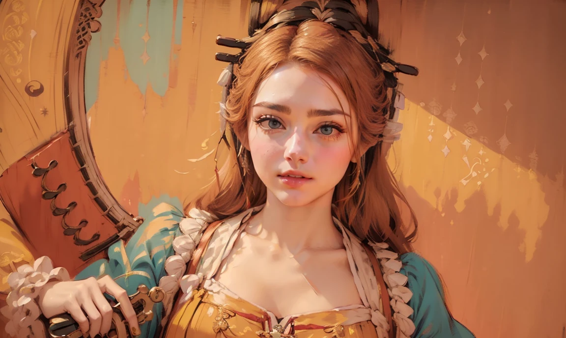 close up. ((bright color palette:1.5)). ((one classy stunning gorgeous female high-class bard:1.5)), ((happy smiling beautiful expression:1.5)), wearing expensive feminine clothing, holding a lute, ((looking straight at the camera:1.5)), colorful village background.