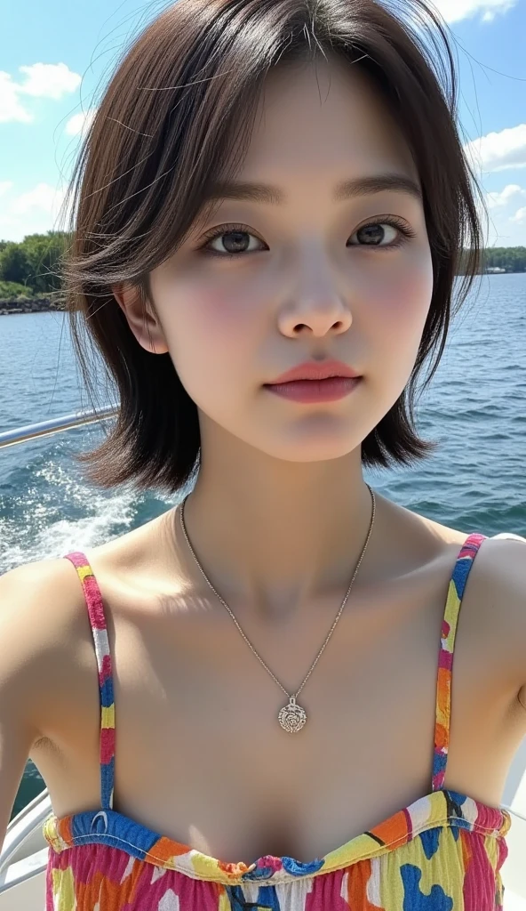   of a beautiful Japanese woman with brown hair on a boat {x} ,   stylish close-up ,  Portrait of a woman with brown hair ,  with tousled bob-cut hair on a boat  , Brilliant surreal color  :1.331,   Sketchy Style  :1.331,    high definition ,   Digital Artwork  ,   vibrant mini dress ,   necklace ,   earrings, 
