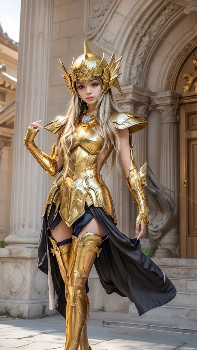 A hyper-realistic and cinematic depiction of a female knight wearing the iconic golden Gemini armor, inspired by the zodiac constellations and the anime Saint Seiya. The camera captures a full-body view, from head to toe, showcasing her striking presence in a dynamic and powerful pose. The setting is a dramatic Greek temple bridge under a vivid, stormy sky, with soft, diffused lighting creating an ethereal and mysterious atmosphere.

The golden Gemini armor is exquisitely detailed, with reflective textures that shimmer under the dramatic lighting. Its intricate celestial engravings and layered plates perfectly contour her figure, emphasizing both elegance and strength. The armor includes a prominent chest plate, ornate shoulder guards, and articulated arm and leg pieces, all radiating with vibrant golden hues. The helm, adorned with dual-faced designs symbolizing Gemini’s duality, adds an imposing and majestic touch, framing her face while leaving her long, flowing white hair visible. The hair is rendered with a lifelike texture, moving subtly in the breeze.

Her piercing red eyes exude confidence and a serene yet commanding aura, drawing the viewer’s attention. A soft smile on her lips balances her serious demeanor, adding a layer of mystique to her character. Her posture is upright, with one arm resting naturally and the other slightly extended, enhancing the dynamic composition. She wears golden boots that seamlessly integrate with the armor, grounding her presence on the temple bridge.

The dramatic, cinematic lighting and shadows emphasize the curves and textures of the armor, creating a high-contrast, photorealistic image. The backdrop of Athena’s temple, with towering marble columns and dramatic skies, adds depth and grandeur, while subtle bokeh effects draw the focus to her and the armor. The image is rendered in ultra-high resolution, with HDR lighting, realistic textures, and vibrant details. This composition perfectly captures the essence of power, elegan