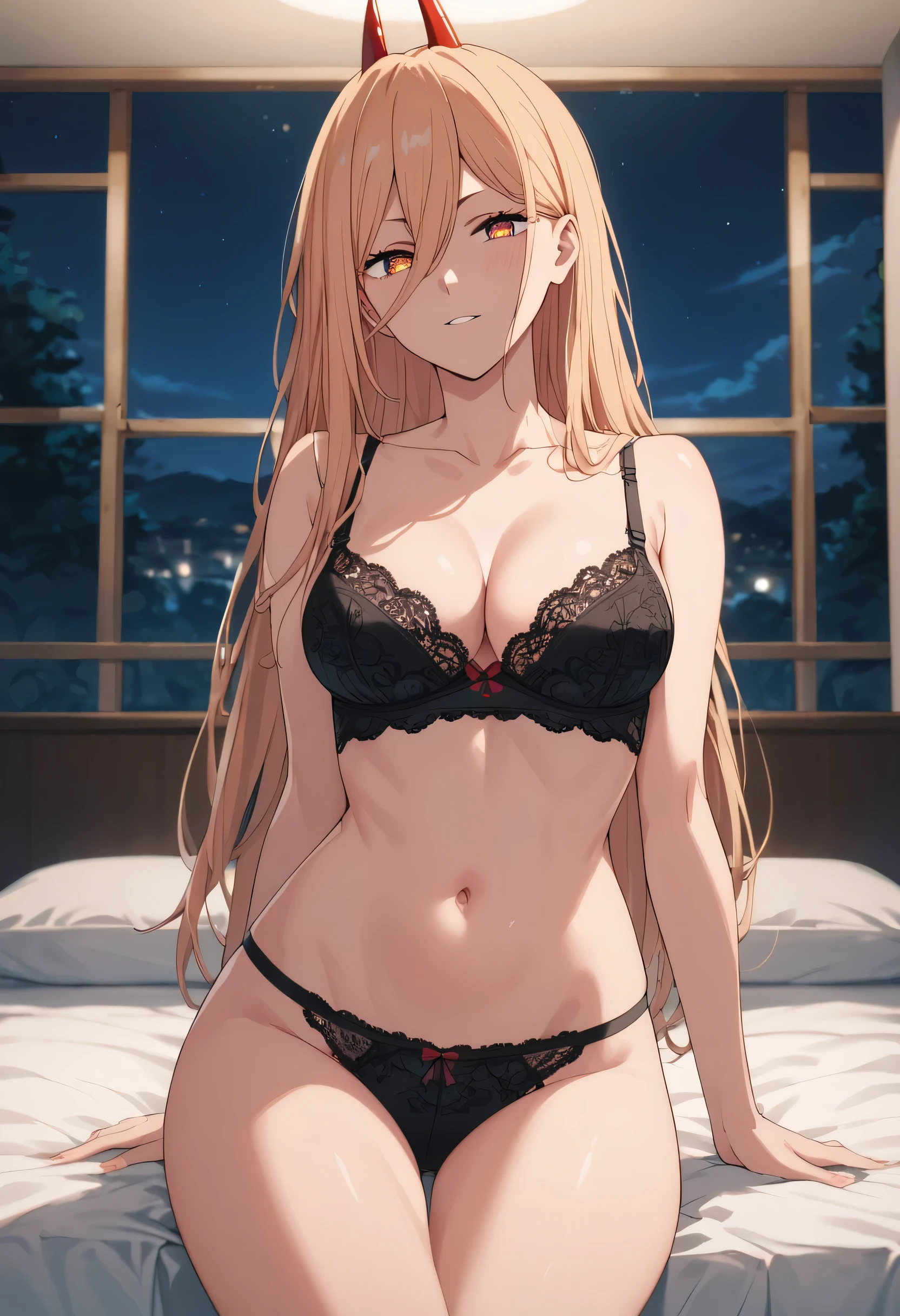 score_9, score_8_up, score_7_up, score_6_up, score_5_up, score_4_up, best quality, masterpiece, colorful, anime, seductive, p0w3r0x1, long hair, blonde hair, red horns, demon pupils, CLEAVAGE, medium breasts, looking at viewer, black lace bra, black lace panties, night, bedroom,