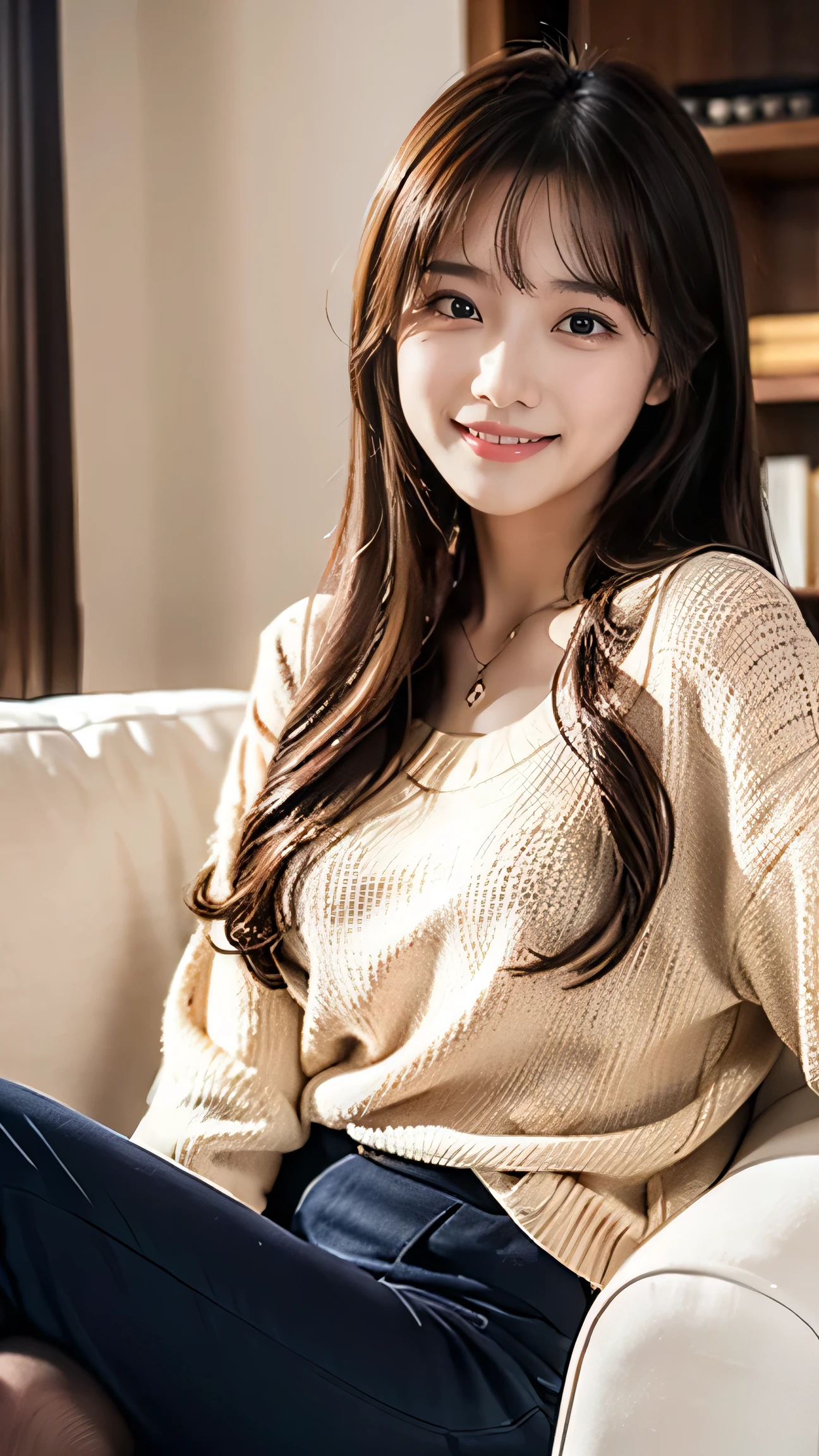 A beautiful 、Elegant female 、 smiles,Talk to the camera, sits in the cozy living room, high quality,4K