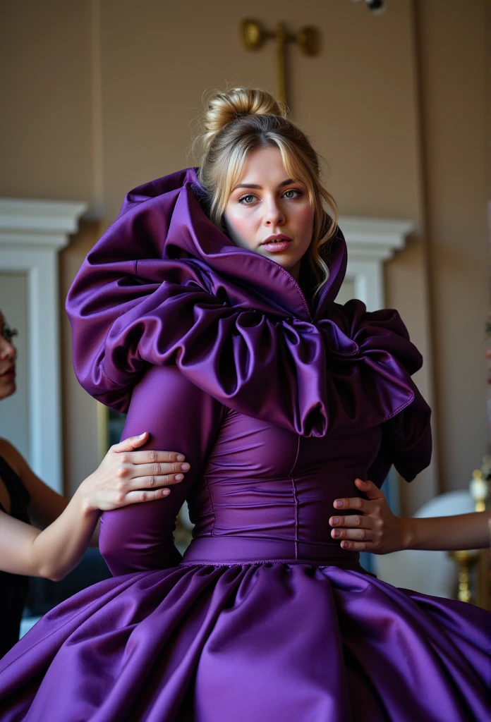 (realistic photograph close up sideways cheerful), (a pleased beautiful European orgasm looking lady with (messy hair bun), she is wearing (an elaborate extensive shiny purple silk dress with (long gigantic puff sleeves), (and an ultra high narrow stand-up collar reaching to her cheeks) (with a gigantic ruffle on top of the collar reaching to the top of her head), (she has her hands behind her back)++++, (two happy females are grabbing her)