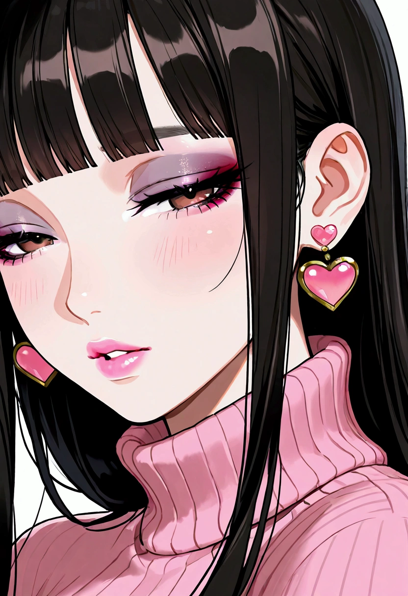  1girl, solo, long hair, looking at viewer, blush, black hair, jewelry, brown eyes, parted lips, blunt bangs, makeup, half-closed eyes, portrait, lipstick, close-up, eyeshadow, turtleneck sweater, pink lips, heart earrings, pink sweater