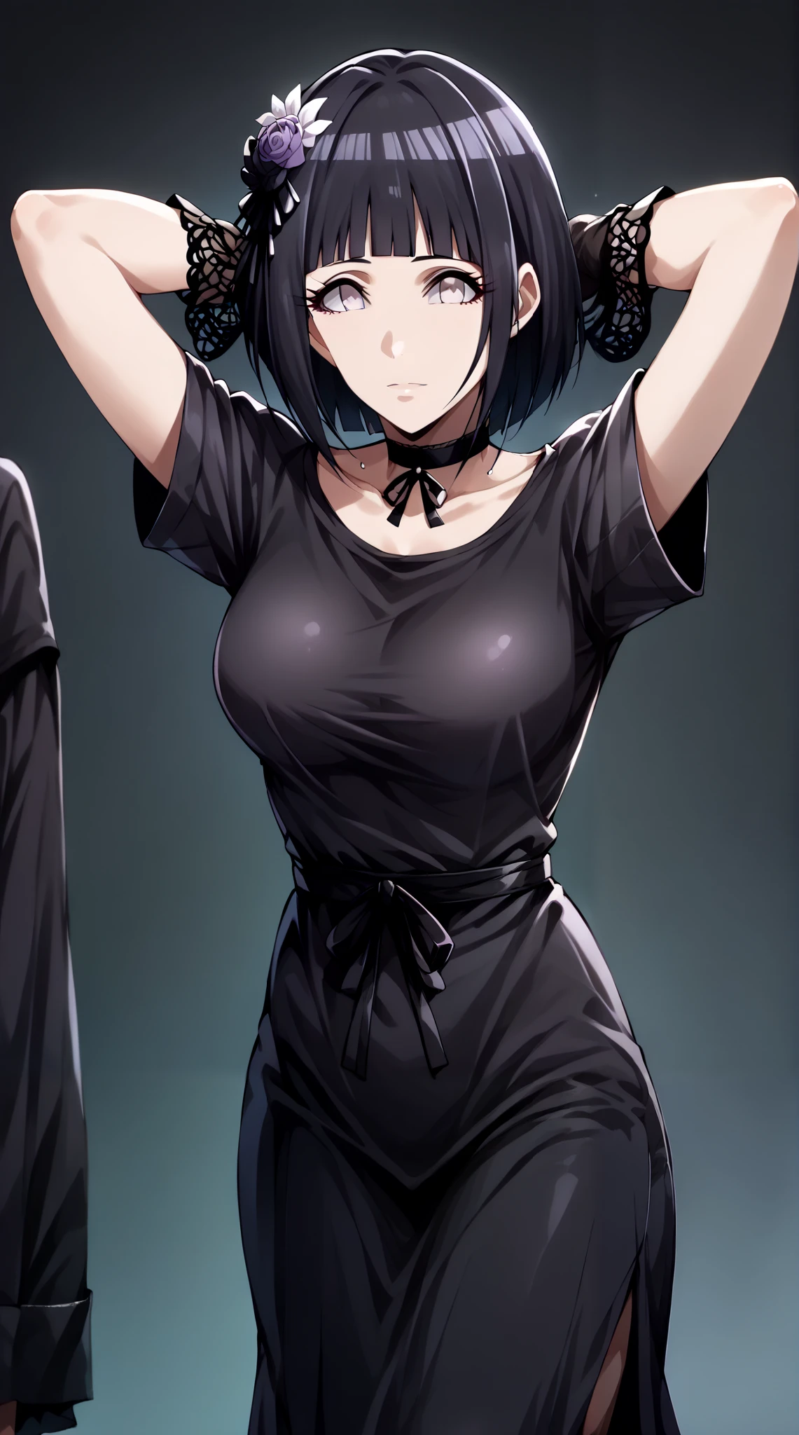 score_9, score_8_up, score_7_up, source_anime, 4K,
1girl,solo,hinata uzumaki, hyuuga hinata, short hair, bangs, black hair, blunt bangs, white eyes, mature female, large breasts,, 
wearing ((black gothic dress (idolmaster), black ribbon, black shirt, choker, collarbone, gloves, hair flower, hair ornament:1.5)),,
((fullbody)),large breasts,long legs,perfect fingers,arms up,looking at viewers,((front look:1,5)),white plain background,