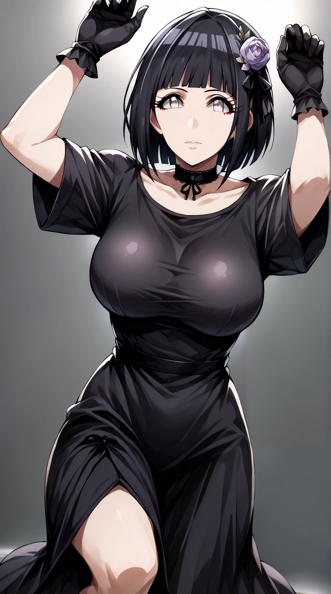 score_9, score_8_up, score_7_up, source_anime, 4K,
1girl,solo,hinata uzumaki, hyuuga hinata, short hair, bangs, black hair, blunt bangs, white eyes, mature female, large breasts,, 
wearing ((black gothic dress (idolmaster), black ribbon, black shirt, choker, collarbone, gloves, hair flower, hair ornament:1.5)),,
((fullbody)),large breasts,long legs,perfect fingers,arms up,looking at viewers,((front look:1,5)),white plain background,