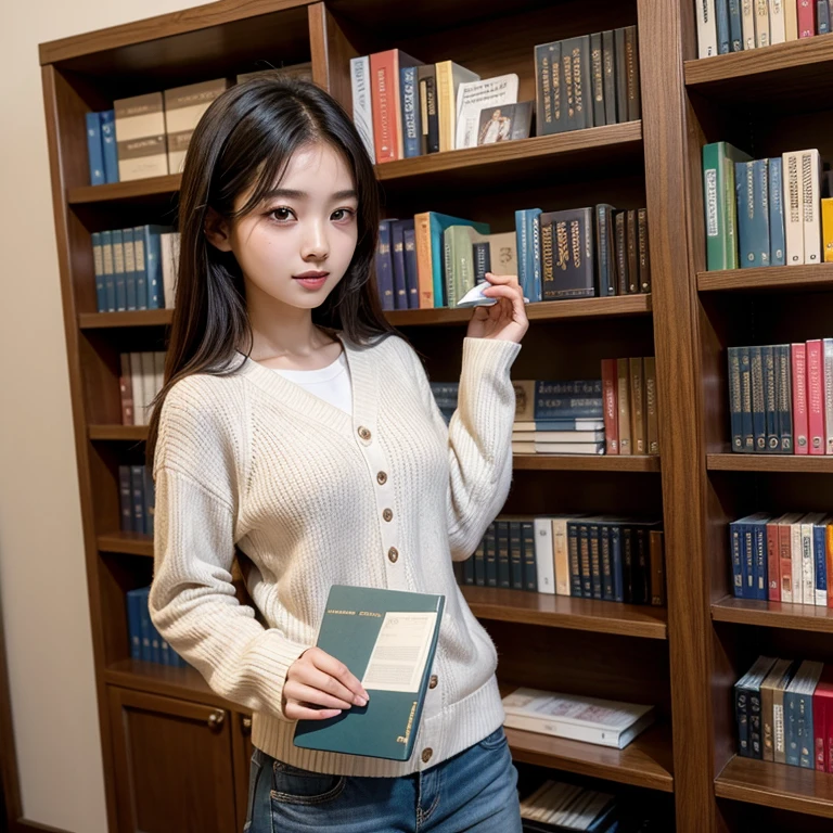 Cardigan、Reading in the library、Super Short Check Uniform Skirt、Navy blue high socks、Colossal tits、stylish glasses、hyper pretty face、a beauty girl、Unbuttoned uniform
