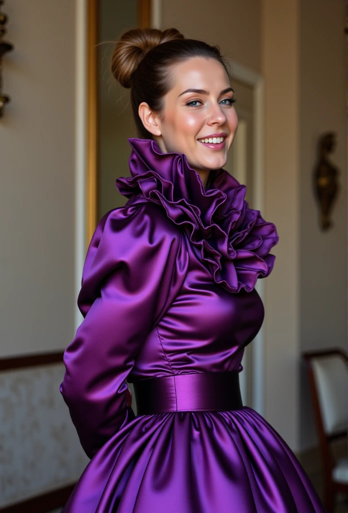 (realistic photograph close up sideways cheerful), (a pleased beautiful European orgasm looking lady with (messy hair bun), she is wearing (an elaborate extensive shiny purple silk dress with (long gigantic puff sleeves), (and an ultra high narrow stand-up collar reaching to her cheeks) (with a gigantic ruffle on top of the collar reaching to the top of her head), (she has her hands behind her back)++++, (two happy females are grabbing her)