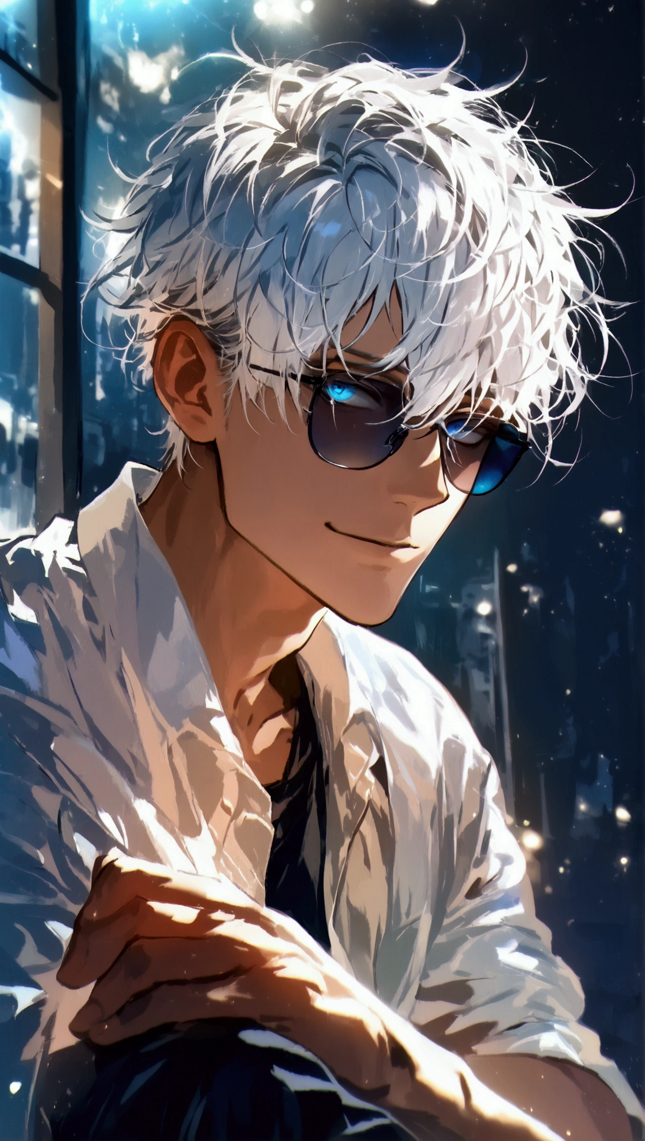 (solo), (1 male), (1 man), handsome men, (one man with white hair, blue eyes), short hair, messy hair, sunglasses,((masterpiece)), (dark background: 1.3), (stylish), dynamic angle, (detailed face, detailed eyes, proportional hands, proportional anatomy), sitting in a relaxed pose, sinister atmosphere, a nihilistic smile