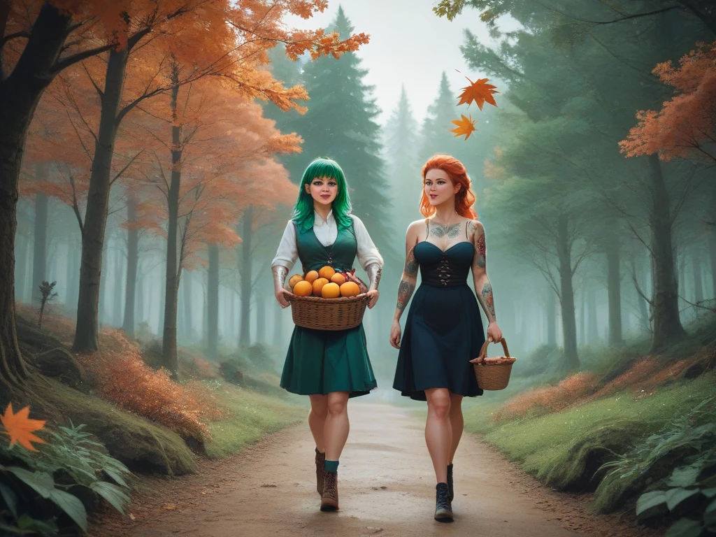 Make two white women , we are,  with red and green hair , with old tattoos ,  carrying a fruit basket,  walking amidst an autumn forest full of animal life