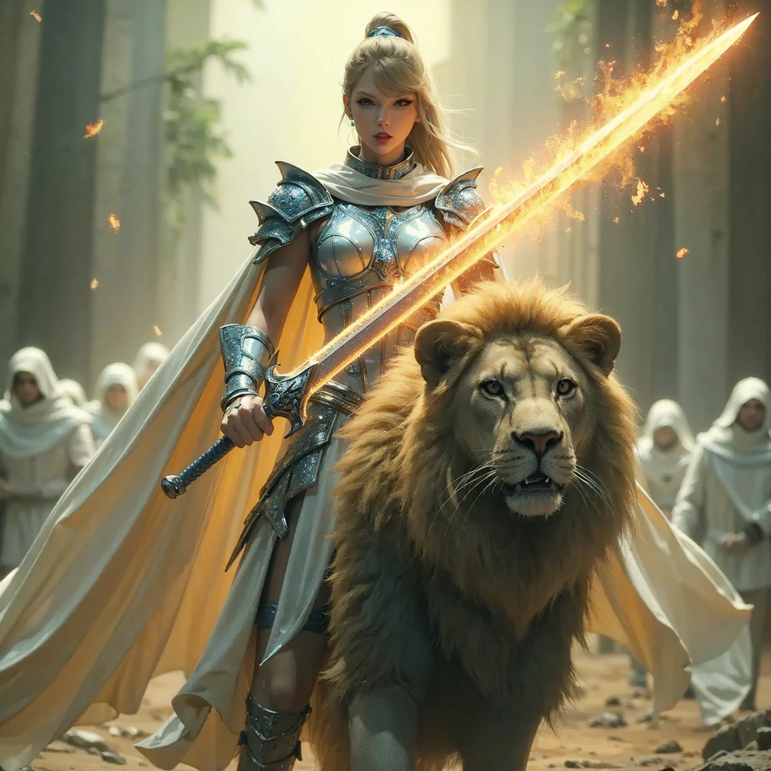 Taylor Swift blonde big eye blue red lipstick in light blue latex jumpsuit ,   in silver gladiator uniform with fiery sword mounted on the Lion of the Future ghost mix in 4k gold and gray colors